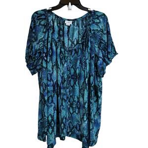 Jaclyn Smith Women’s Plus 2X Blue Teal Snakeskin Top Blouse Short Sleeve Button